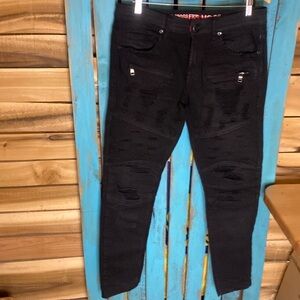 Smuggler’s Moon black distressed moto jeans size 32x32 stretchy material